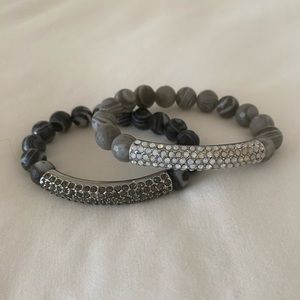 2 bracelets, marbled beads and pave set rhinestone detail